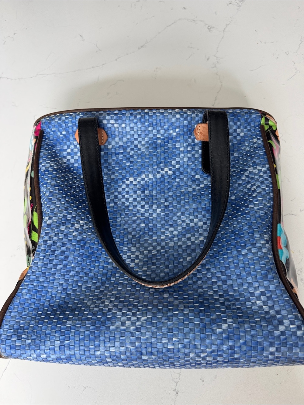 Consuela Blue Woven Tote Bag with Contrast Floral Sides